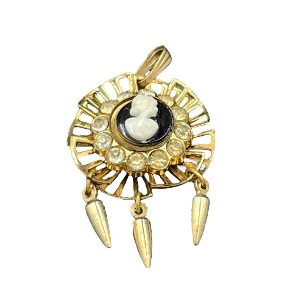 Vintage Art Deco Gold Tone Black Cameo with Drop Dangle Pendant